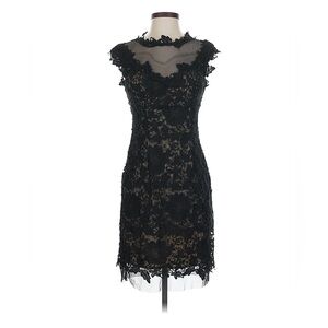 Like New! Black Cache Cocktail Lace Dress with sheer neckline, size 6